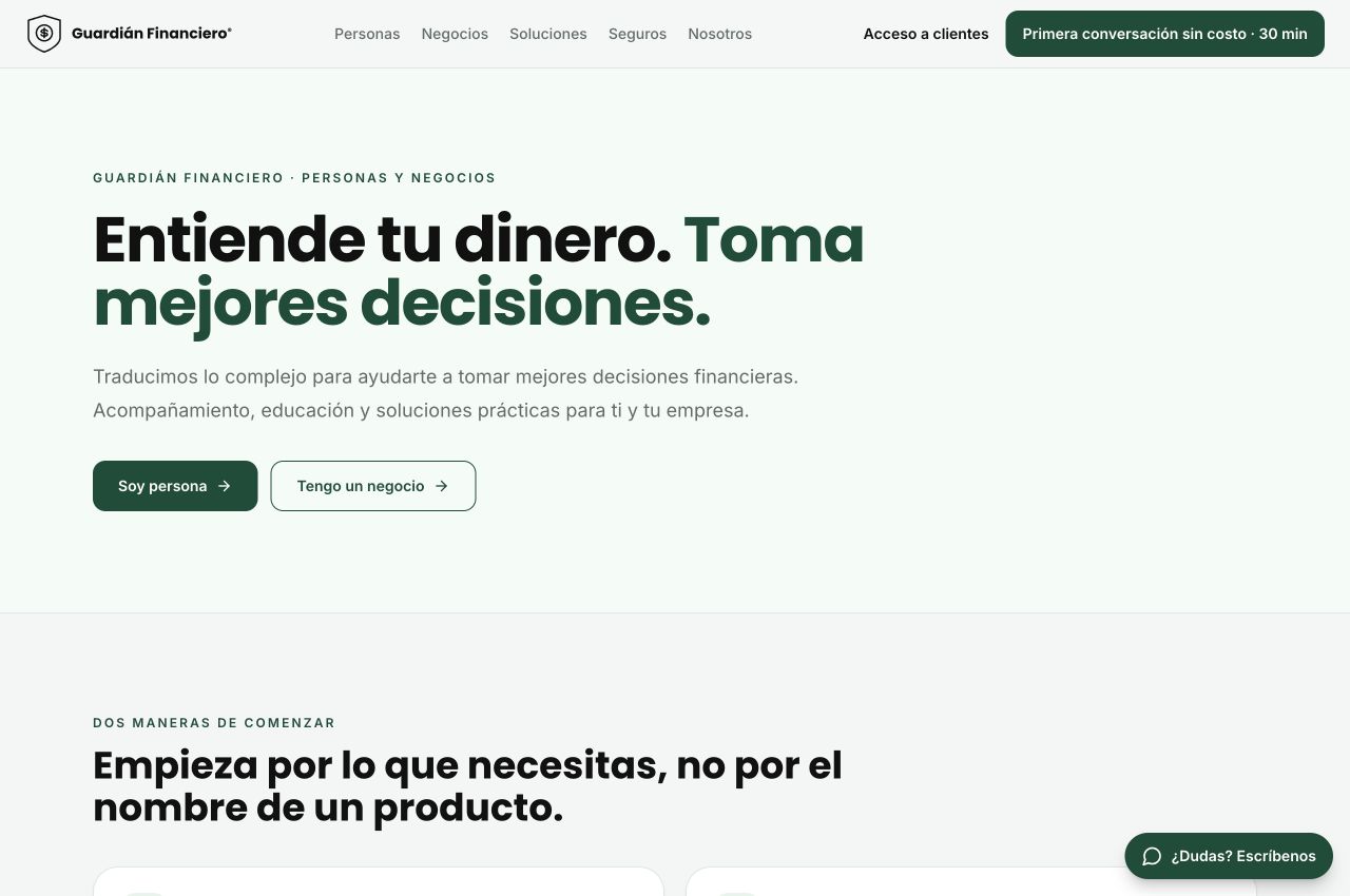 Captura de la página pública de Guardián Financiero